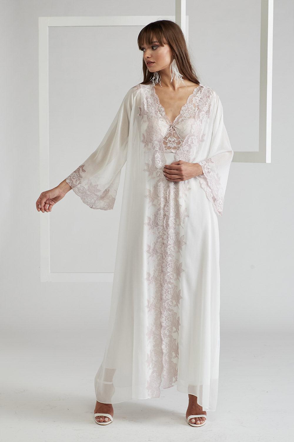 Silk Chiffon Robe Set Off White Light Pink - Mia - Bocan