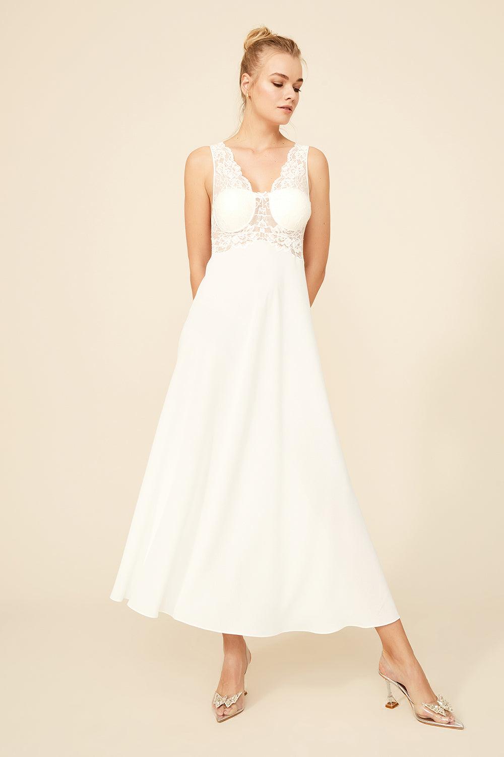 Skye - Long Silk Crepe Nightgown - Off White - Bocan