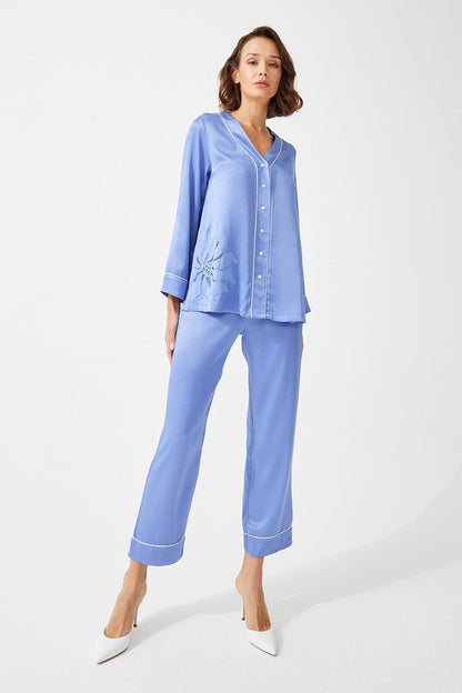 Sumire - Trimmed Rayon and Buttoned Long Sleeve Pyjama Set - Lilac - Bocan