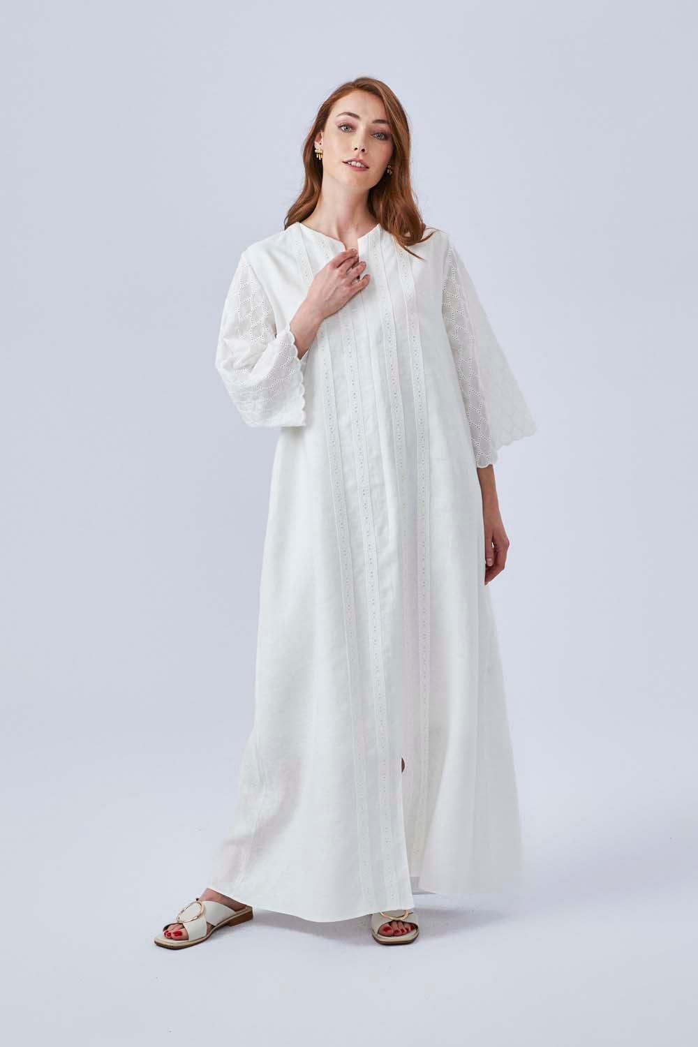 Thalia - Linen Long Zippered Dress - Off White - Bocan