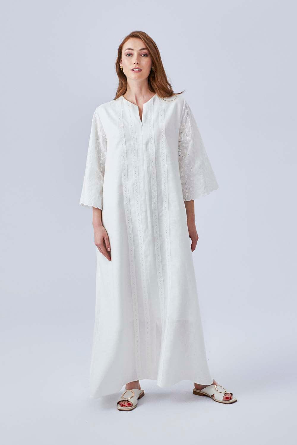 Thalia - Linen Long Zippered Dress - Off White - Bocan