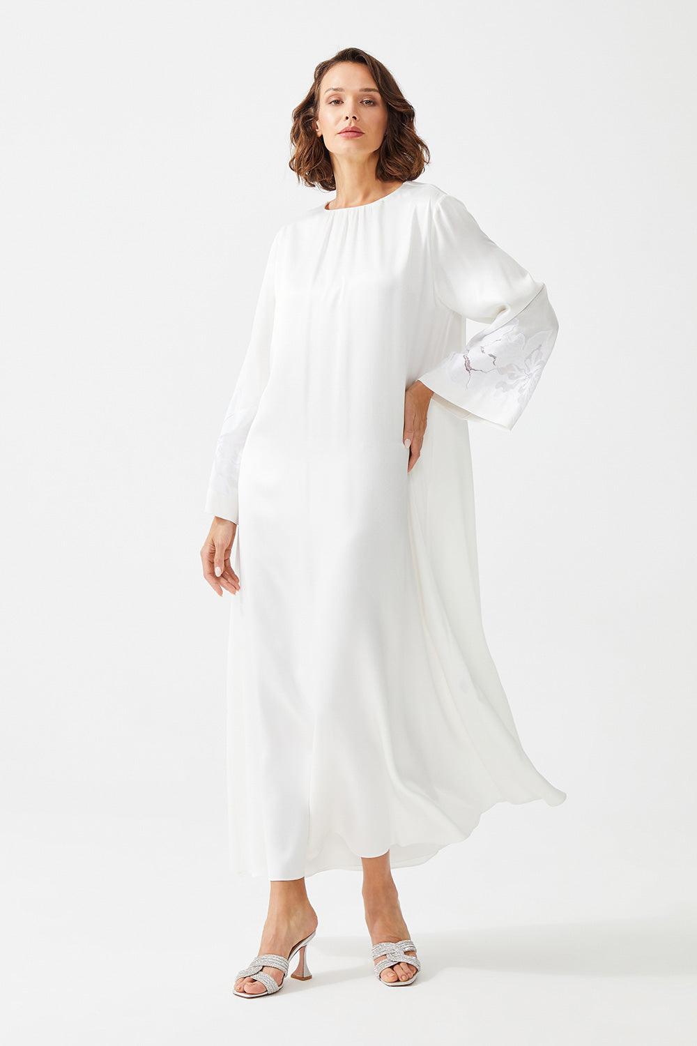 Tuba Long Rayon Trimmed Dress - Off White - Bocan