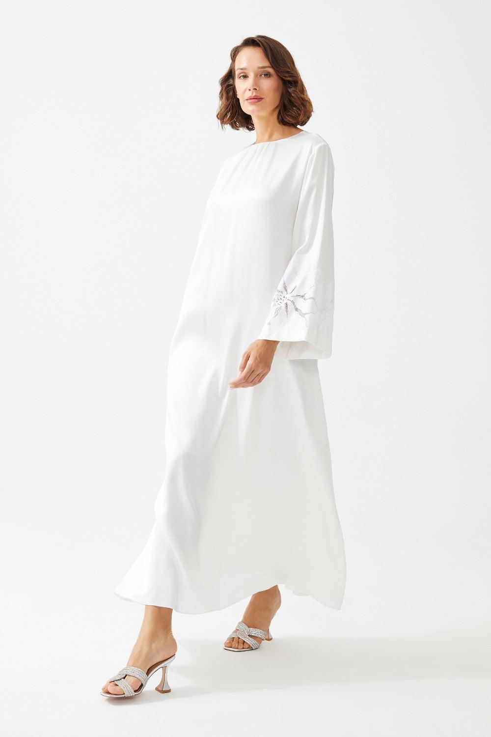 Tuba Long Rayon Trimmed Dress - Off White - Bocan