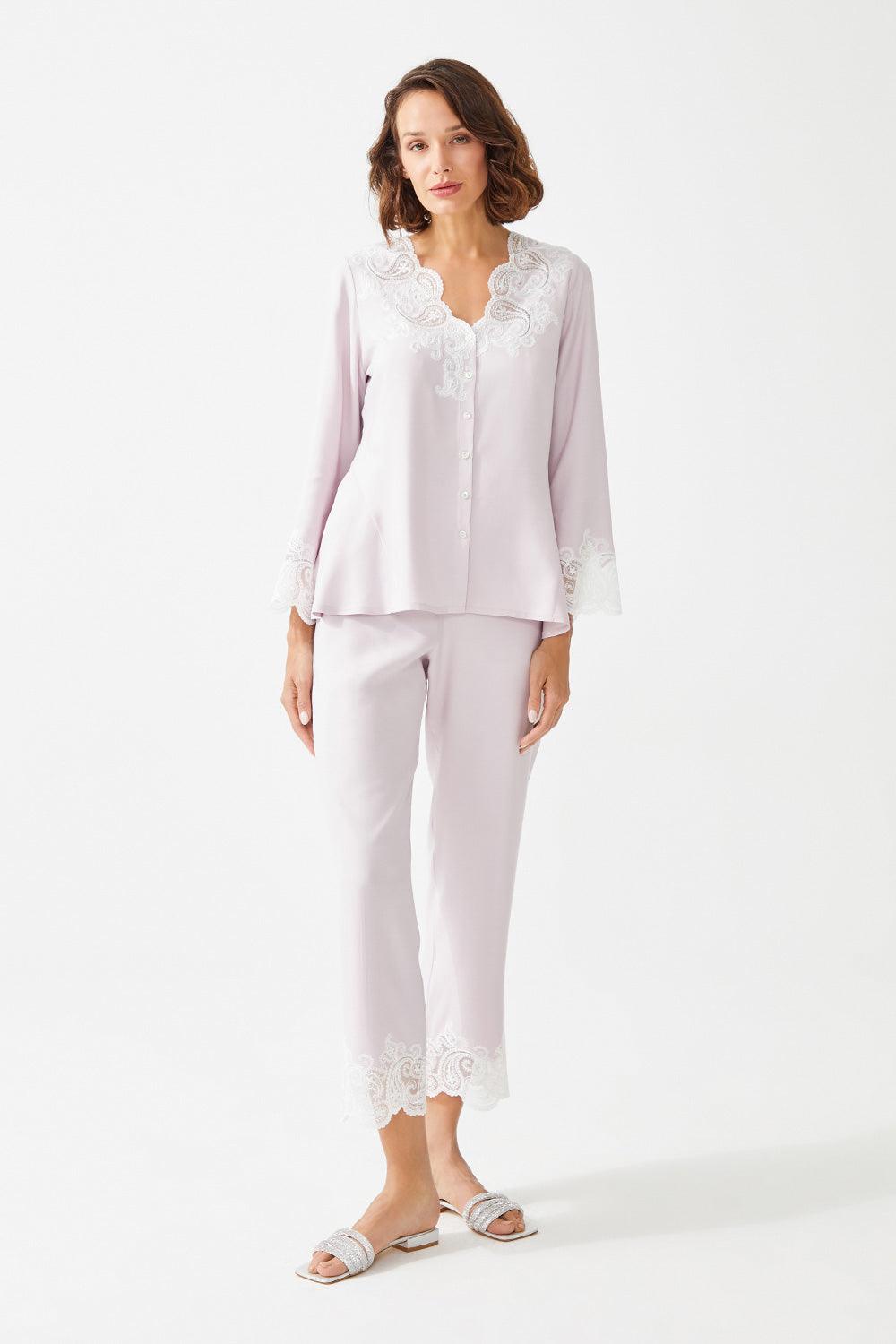 Ume Trimmed Rayon Full Buttoned Long Sleeve Pyjama Set - Baby Pink - Bocan