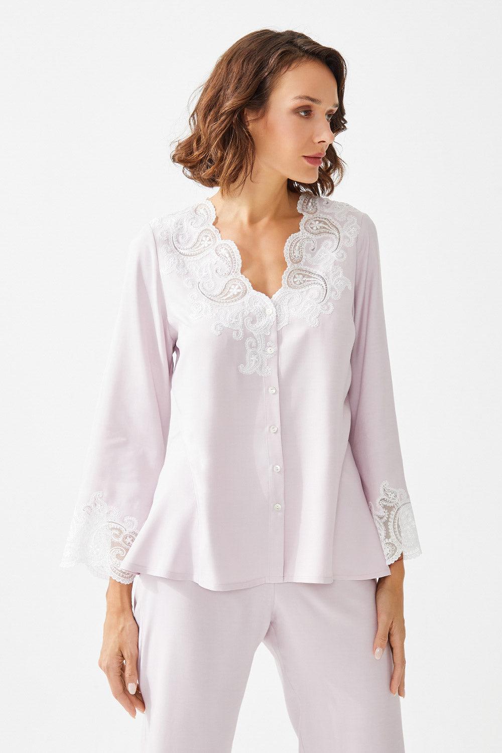 Ume Trimmed Rayon Full Buttoned Long Sleeve Pyjama Set - Baby Pink - Bocan