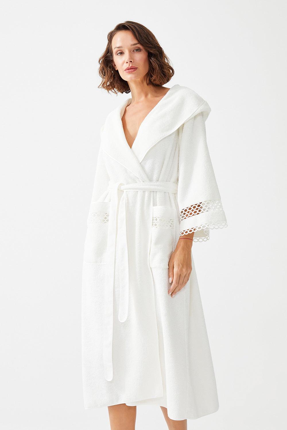 Wadha Mid Length Cotton Trimmed Bathrobe - Off White - Bocan