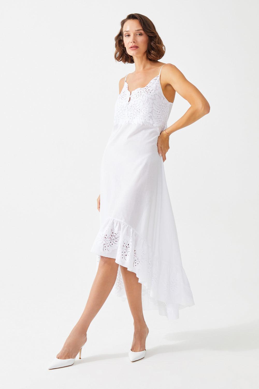 Yara Long Cotton Trimmed Nightgown - Off White - Bocan