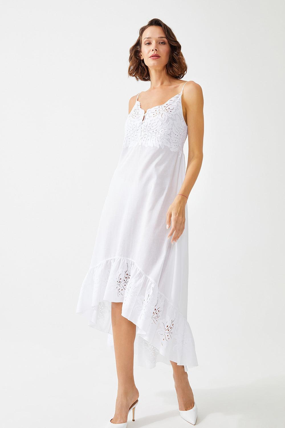 Yara Long Cotton Trimmed Nightgown - Off White - Bocan