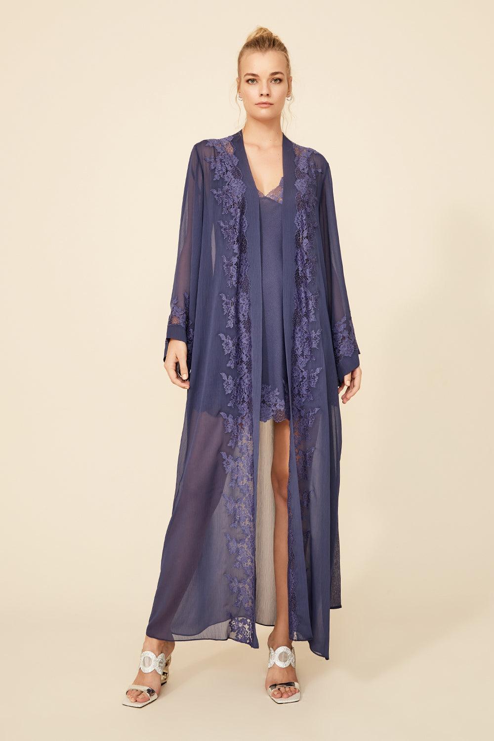 Zainab - Long Silk Chiffon Robe Set - Navy - Bocan