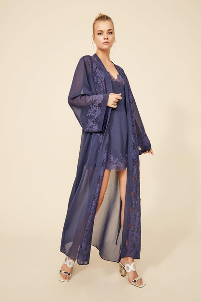Zainab - Long Silk Chiffon Robe Set - Navy - Bocan